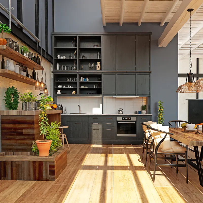 Cuisine effet industriel en fer et bois